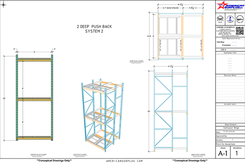  Used 2 Deep x 3 High Push Back Racking Dimension View